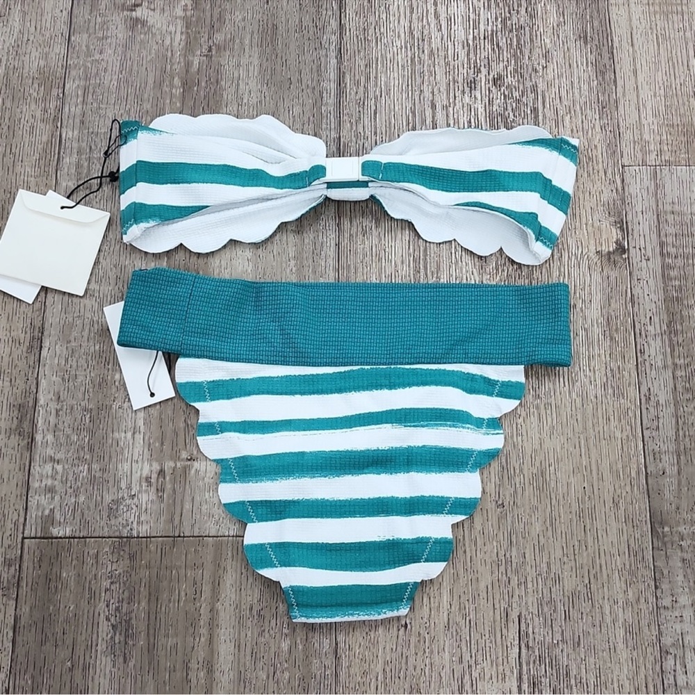 NWT MARYSIA Strapless Teal & White Scalloped Bikini Set - Picture 2 of 10